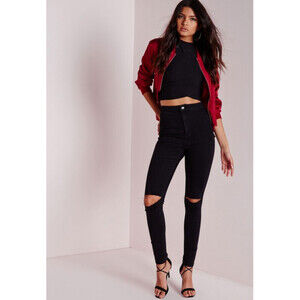 MISSGUIDED VICE HIGHWAISTED SLASH RIPPED KNEE SKINNY JEANS BLACK UK8/US4
